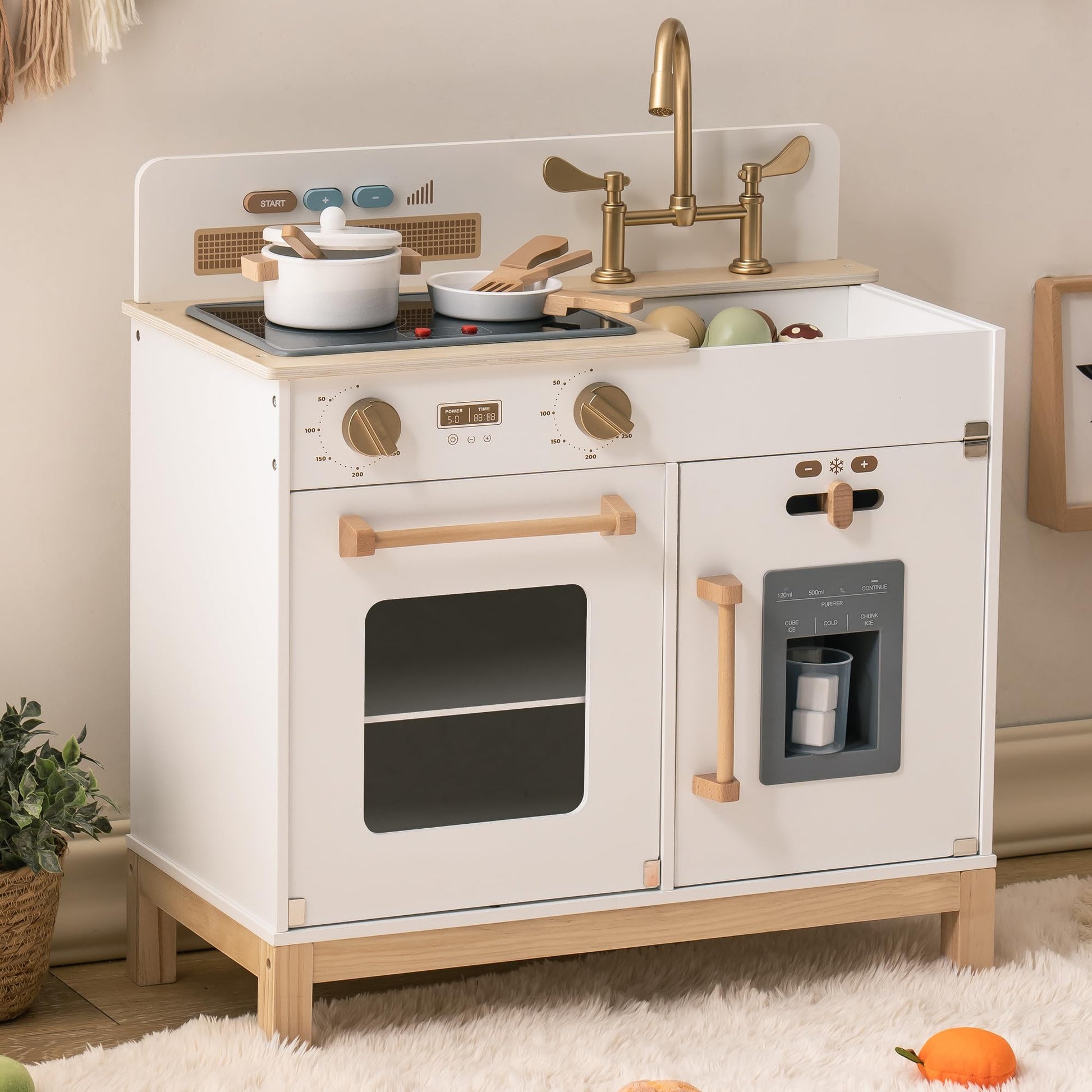 ROBOTIME Play Kitchen for Toddlers, Wooden Kids Play Kitchen Playset with Real Lights & Sounds/Ice Cube Dispenser, Pretend Play Montessori Toy Kitchen, Gift for Ages 3+ (White) - CookCave