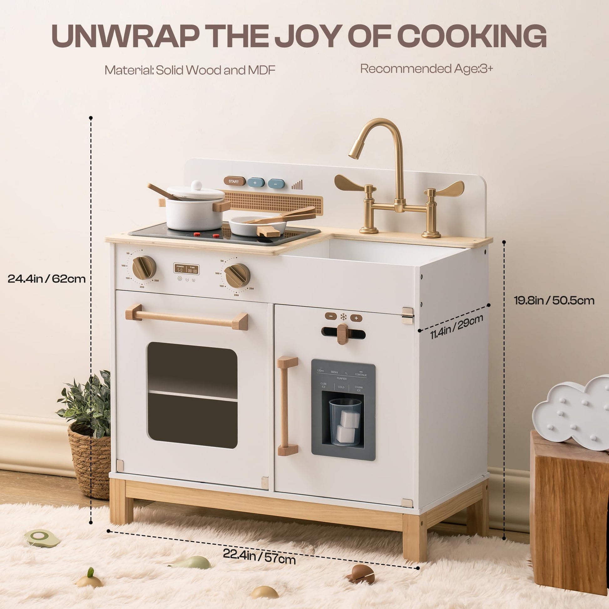 ROBOTIME Play Kitchen for Toddlers, Wooden Kids Play Kitchen Playset with Real Lights & Sounds/Ice Cube Dispenser, Pretend Play Montessori Toy Kitchen, Gift for Ages 3+ (White) - CookCave