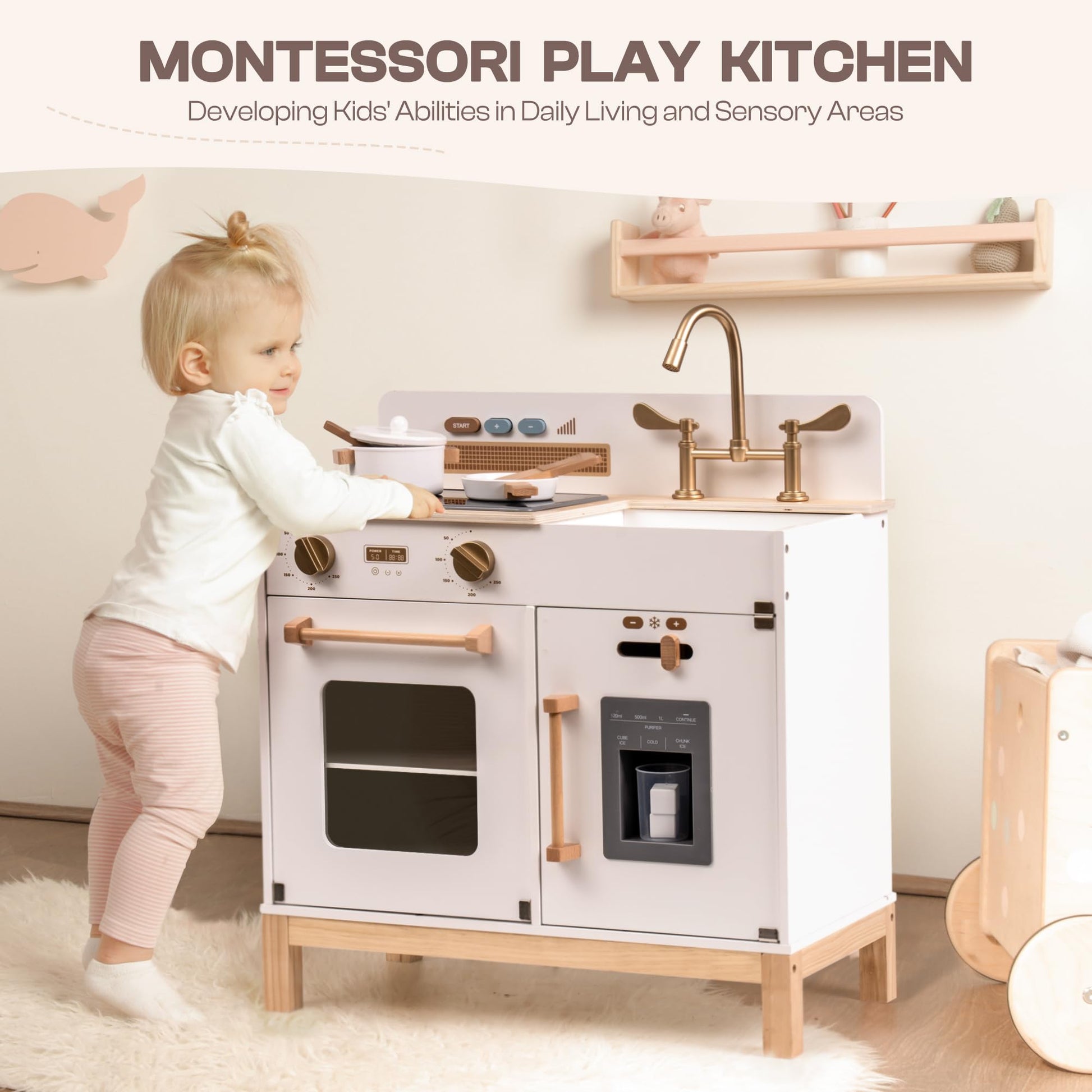ROBOTIME Play Kitchen for Toddlers, Wooden Kids Play Kitchen Playset with Real Lights & Sounds/Ice Cube Dispenser, Pretend Play Montessori Toy Kitchen, Gift for Ages 3+ (White) - CookCave