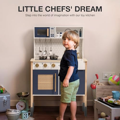 ROBOTIME Wooden Play Kitchen, Kids & Toddlers Kitchen Playset, Kids Play Kitchen Pretend Play Set with Lights & Sounds, Toy Kitchen for Ages 3+ (Blue) - CookCave