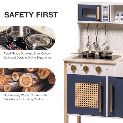 ROBOTIME Wooden Play Kitchen, Kids & Toddlers Kitchen Playset, Kids Play Kitchen Pretend Play Set with Lights & Sounds, Toy Kitchen for Ages 3+ (Blue) - CookCave