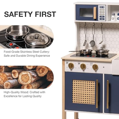 ROBOTIME Wooden Play Kitchen, Kids & Toddlers Kitchen Playset, Kids Play Kitchen Pretend Play Set with Lights & Sounds, Toy Kitchen for Ages 3+ (Blue) - CookCave