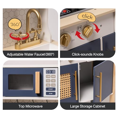 ROBOTIME Wooden Play Kitchen, Kids & Toddlers Kitchen Playset, Kids Play Kitchen Pretend Play Set with Lights & Sounds, Toy Kitchen for Ages 3+ (Blue) - CookCave