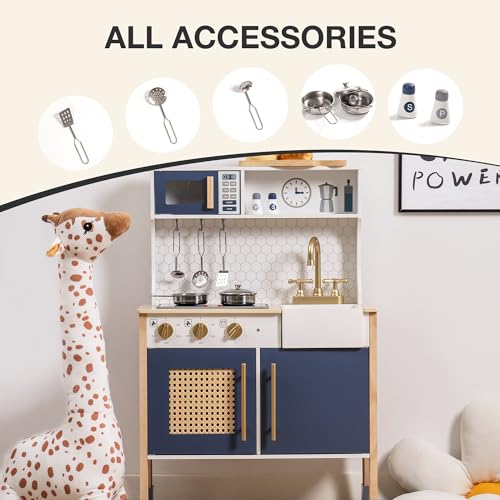 ROBOTIME Wooden Play Kitchen, Kids & Toddlers Kitchen Playset, Kids Play Kitchen Pretend Play Set with Lights & Sounds, Toy Kitchen for Ages 3+ (Blue) - CookCave