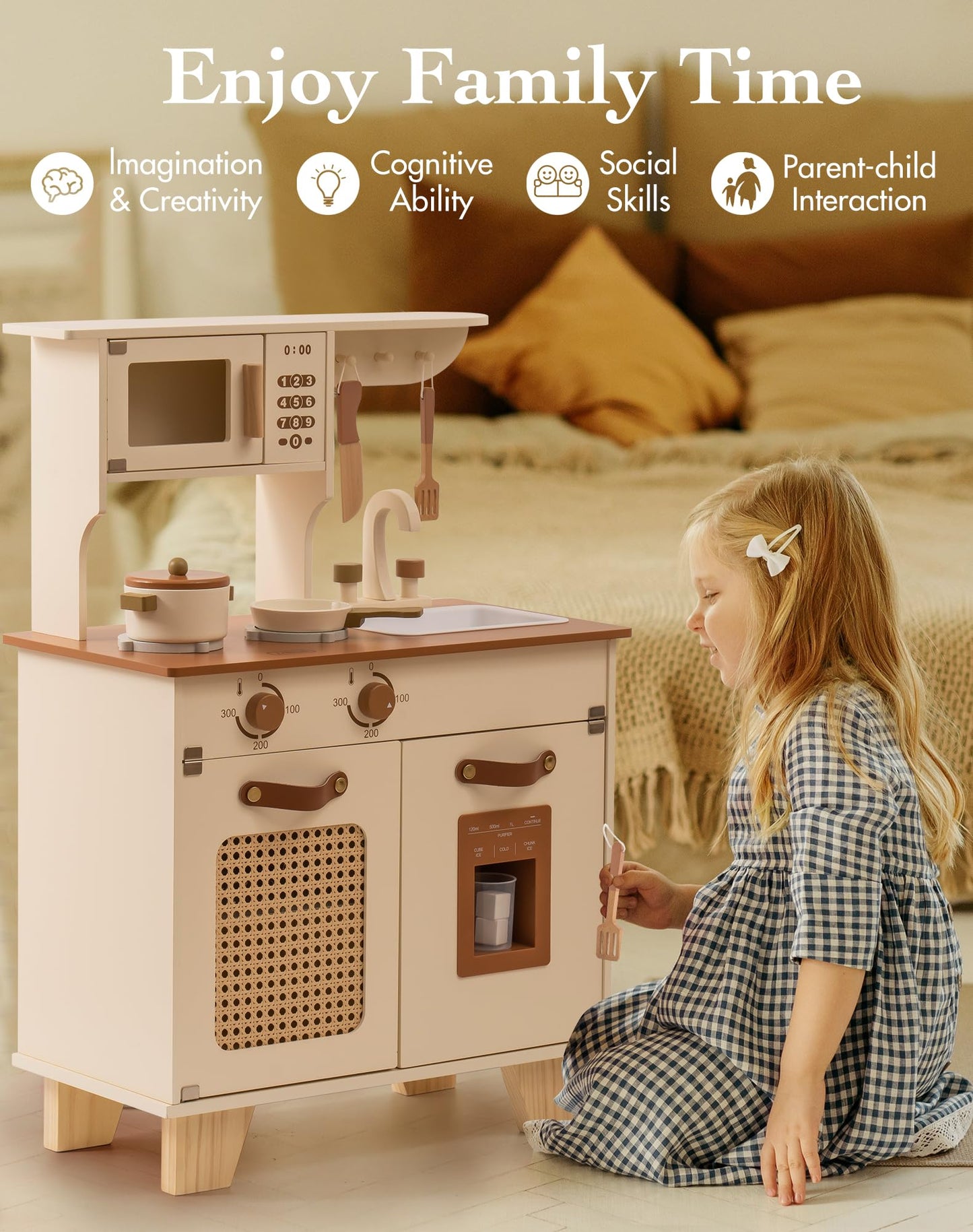 ROBUD Kids Kitchen Playset, Mocha Montessori Wooden Play Kitchen with Ice Dispenser, Pretend Toddlers Kitchen Toy with Accessories, Baby Gift for Ages 3 4 5 6 7 8 - CookCave