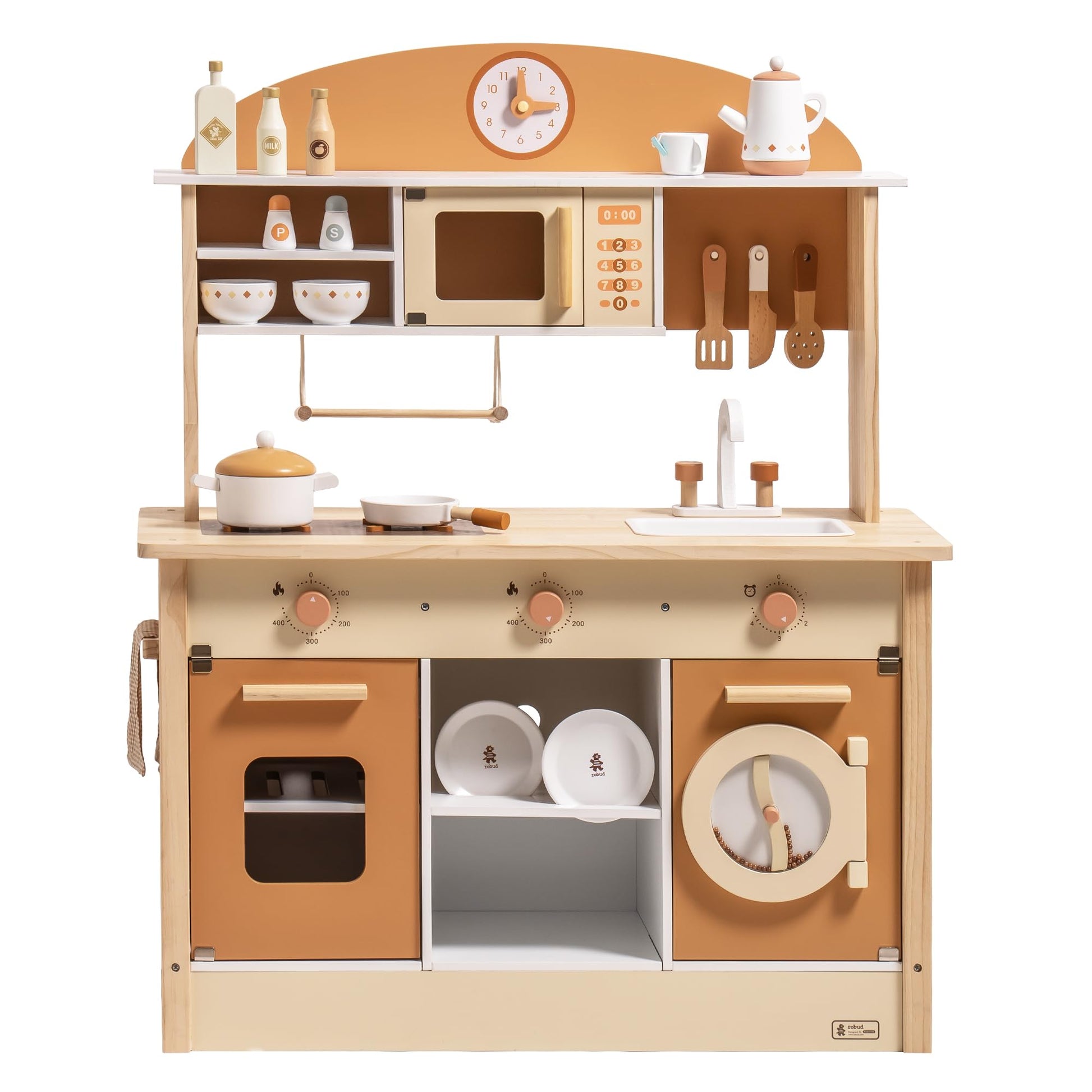 ROBUD Wooden Play Kitchen for Kids Toddlers, Kids Kitchen Playset with Realistic Accessories, Toy Kitchen Set with Plenty of Play Features, Modern Style Toy Kitchen for Girls & Boys, 3+, Caramel - CookCave