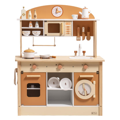 ROBUD Wooden Play Kitchen for Kids Toddlers, Kids Kitchen Playset with Realistic Accessories, Toy Kitchen Set with Plenty of Play Features, Modern Style Toy Kitchen for Girls & Boys, 3+, Caramel - CookCave