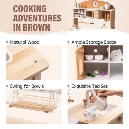 ROBUD Wooden Play Kitchen for Kids Toddlers, Kids Kitchen Playset with Realistic Accessories, Toy Kitchen Set with Plenty of Play Features, Modern Style Toy Kitchen for Girls & Boys, 3+, Caramel - CookCave