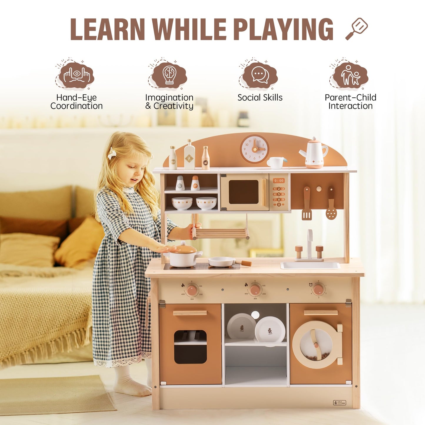 ROBUD Wooden Play Kitchen for Kids Toddlers, Kids Kitchen Playset with Realistic Accessories, Toy Kitchen Set with Plenty of Play Features, Modern Style Toy Kitchen for Girls & Boys, 3+, Caramel - CookCave
