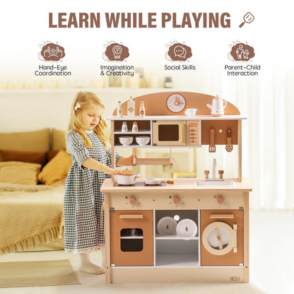 ROBUD Wooden Play Kitchen for Kids Toddlers, Kids Kitchen Playset with Realistic Accessories, Toy Kitchen Set with Plenty of Play Features, Modern Style Toy Kitchen for Girls & Boys, 3+, Caramel - CookCave