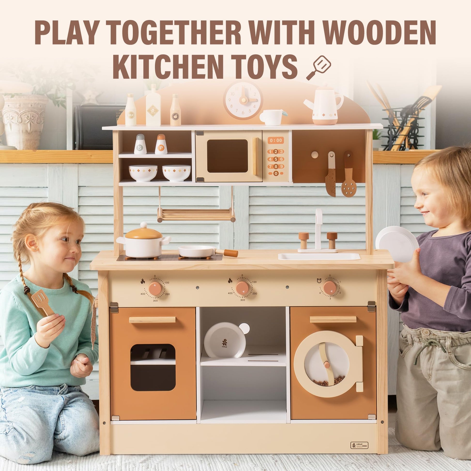 ROBUD Wooden Play Kitchen for Kids Toddlers, Kids Kitchen Playset with Realistic Accessories, Toy Kitchen Set with Plenty of Play Features, Modern Style Toy Kitchen for Girls & Boys, 3+, Caramel - CookCave