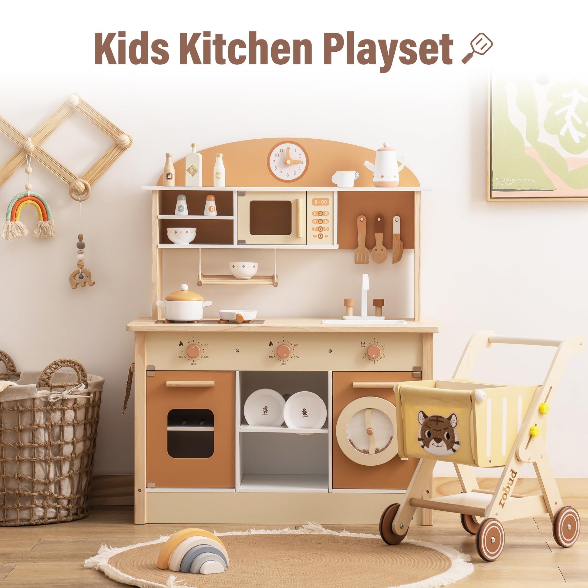 ROBUD Wooden Play Kitchen for Kids Toddlers, Kids Kitchen Playset with Realistic Accessories, Toy Kitchen Set with Plenty of Play Features, Modern Style Toy Kitchen for Girls & Boys, 3+, Caramel - CookCave
