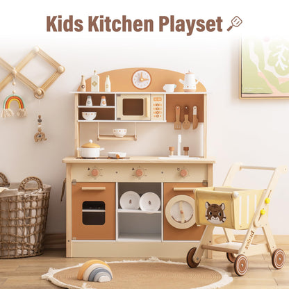 ROBUD Wooden Play Kitchen for Kids Toddlers, Kids Kitchen Playset with Realistic Accessories, Toy Kitchen Set with Plenty of Play Features, Modern Style Toy Kitchen for Girls & Boys, 3+, Caramel - CookCave