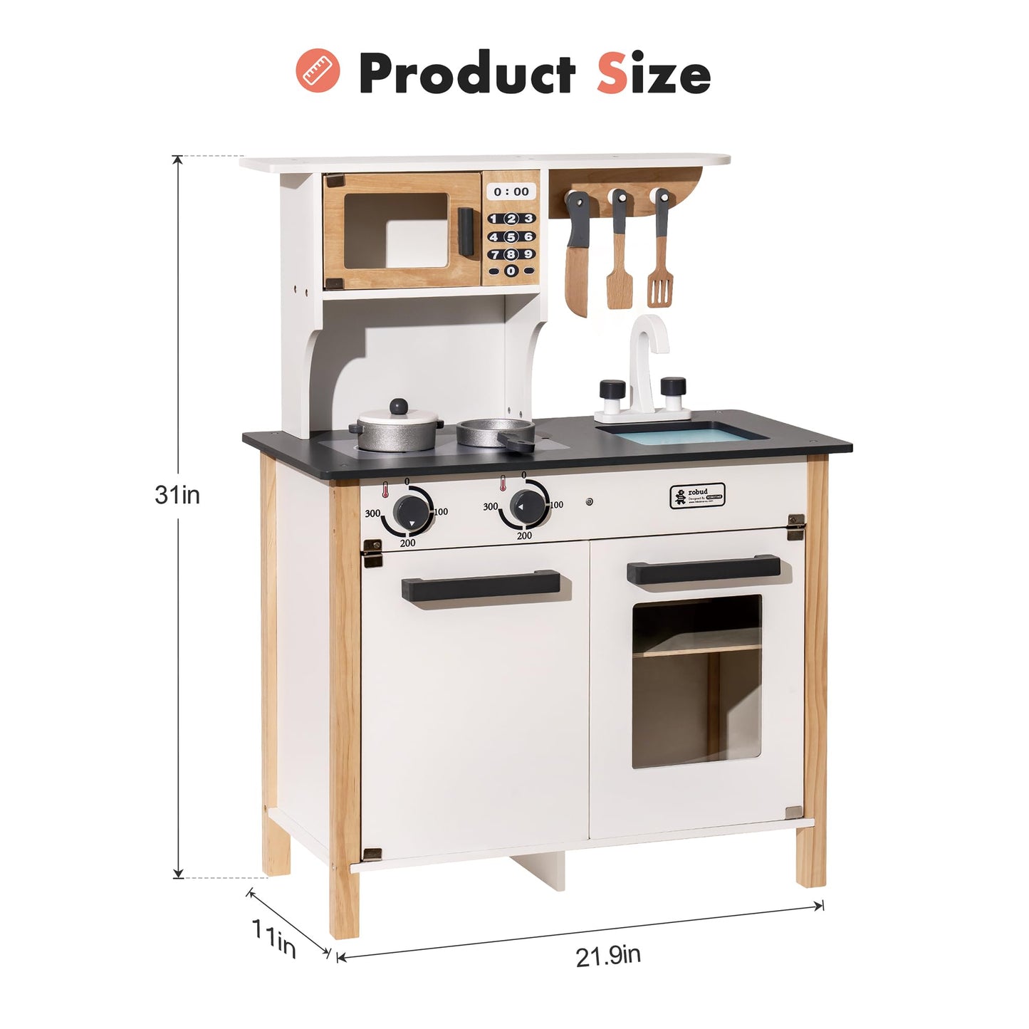 ROBUD Wooden Play Kitchen, Kids Kitchen Playset with Realistic Design, Toy Kitchen Gift for Boys and Girls, Age 3+ - CookCave