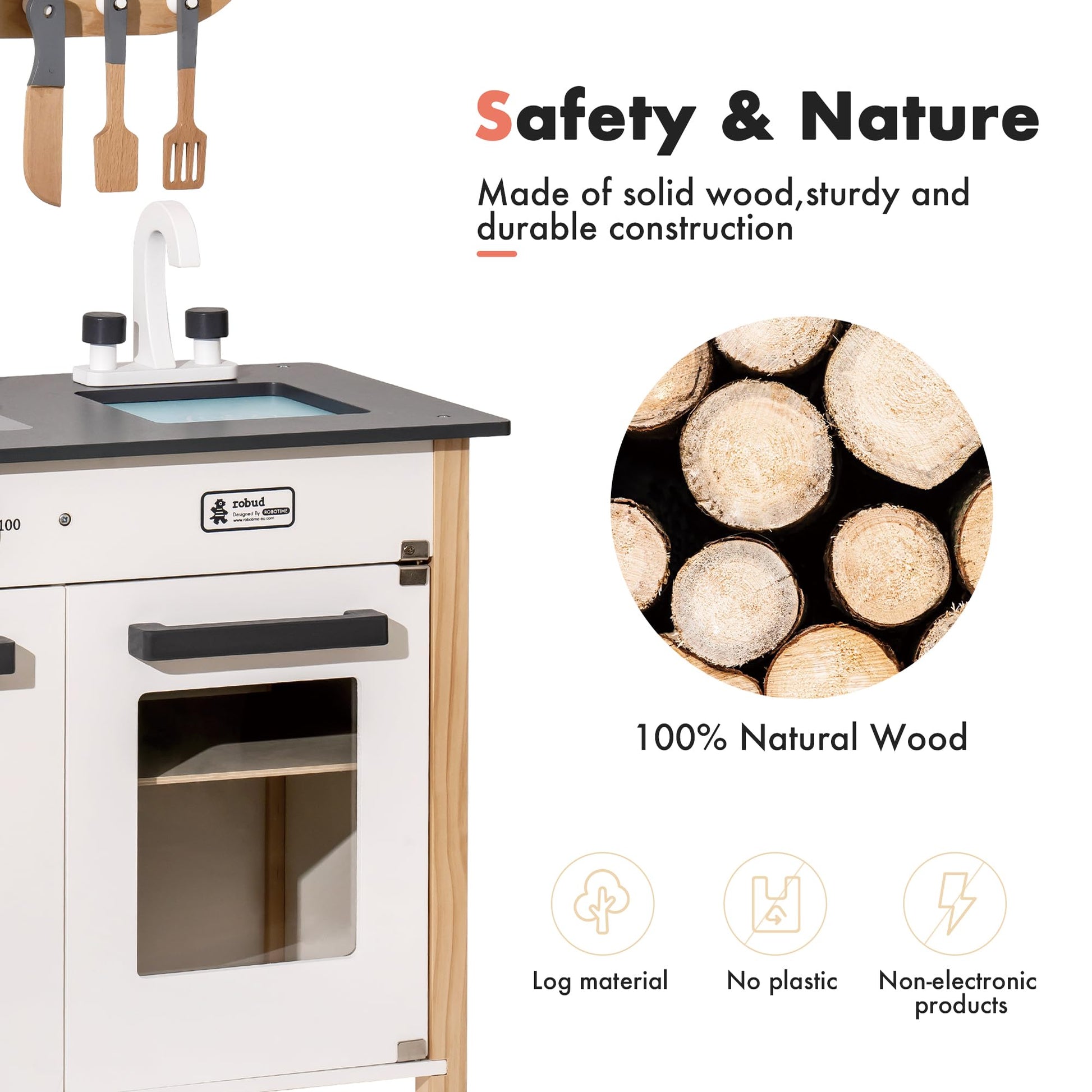 ROBUD Wooden Play Kitchen, Kids Kitchen Playset with Realistic Design, Toy Kitchen Gift for Boys and Girls, Age 3+ - CookCave