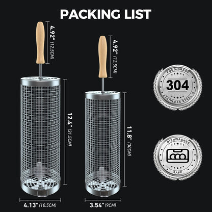 Rolling Grill Basket(2PCS), Removable Wooden Handle, 304 Stainless Steel, Grilling Accessories Tools for Vegetables Meat Food, Outdoor Camping Grilling, Birthday Gifts for Men Husband Men - CookCave