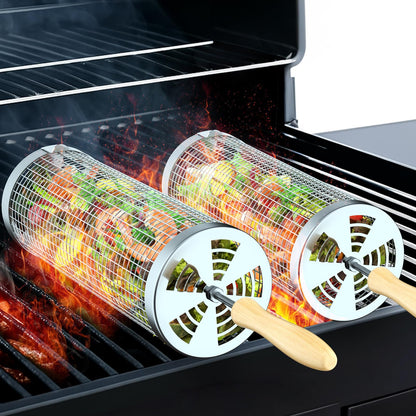 Rolling Grill Basket(2PCS), Removable Wooden Handle, 304 Stainless Steel, Grilling Accessories Tools for Vegetables Meat Food, Outdoor Camping Grilling, Birthday Gifts for Men Husband Men - CookCave