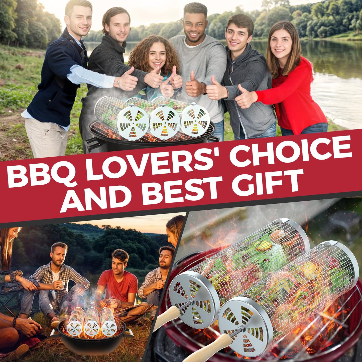 Rolling Grill Basket(2PCS), Removable Wooden Handle, 304 Stainless Steel, Grilling Accessories Tools for Vegetables Meat Food, Outdoor Camping Grilling, Birthday Gifts for Men Husband Men - CookCave