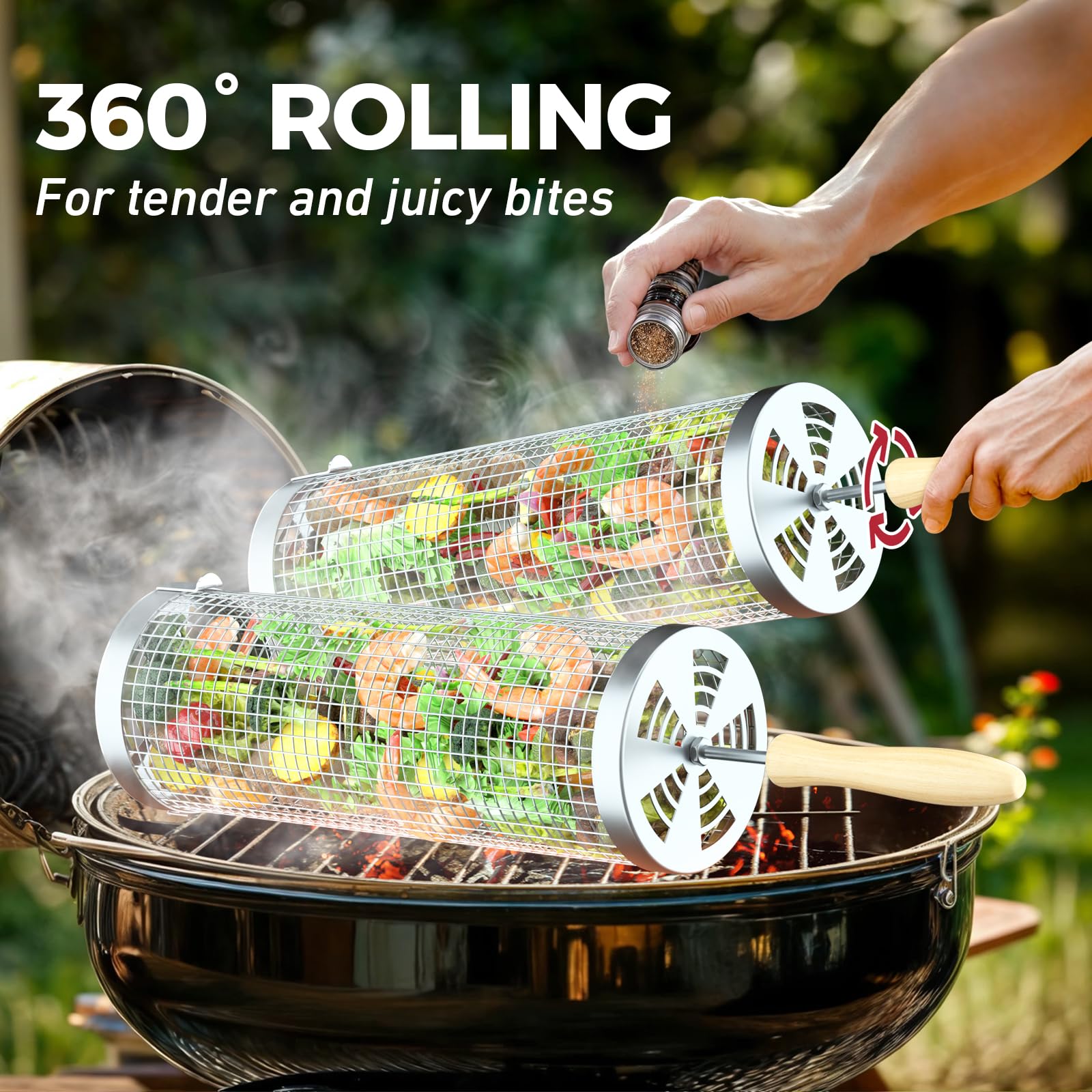 Rolling Grill Basket(2PCS), Removable Wooden Handle, 304 Stainless Steel, Grilling Accessories Tools for Vegetables Meat Food, Outdoor Camping Grilling, Birthday Gifts for Men Husband Men - CookCave