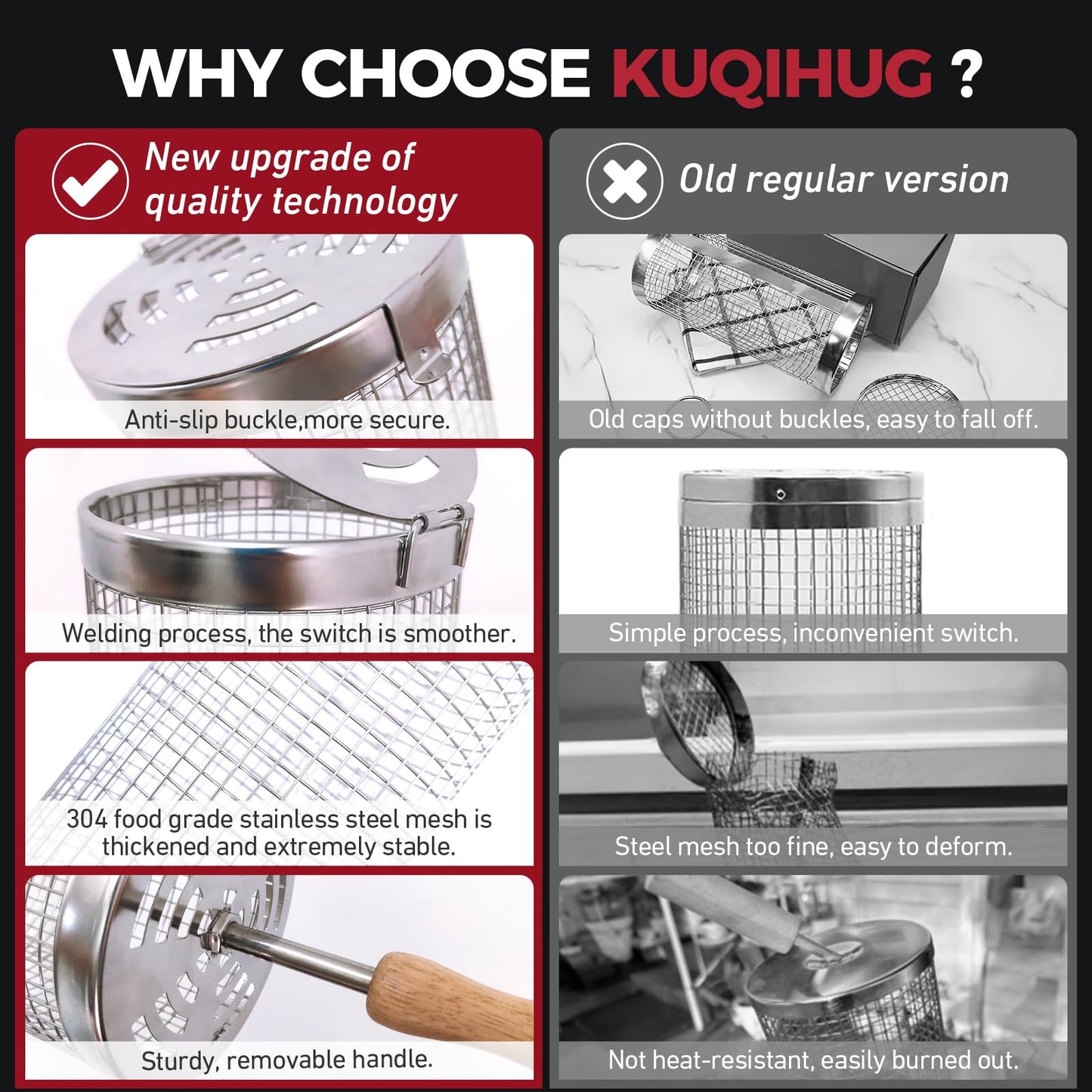 Rolling Grill Basket(2PCS), Removable Wooden Handle, 304 Stainless Steel, Grilling Accessories Tools for Vegetables Meat Food, Outdoor Camping Grilling, Birthday Gifts for Men Husband Men - CookCave