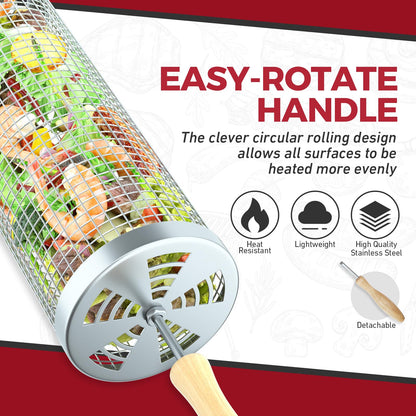 Rolling Grill Basket(2PCS), Removable Wooden Handle, 304 Stainless Steel, Grilling Accessories Tools for Vegetables Meat Food, Outdoor Camping Grilling, Birthday Gifts for Men Husband Men - CookCave