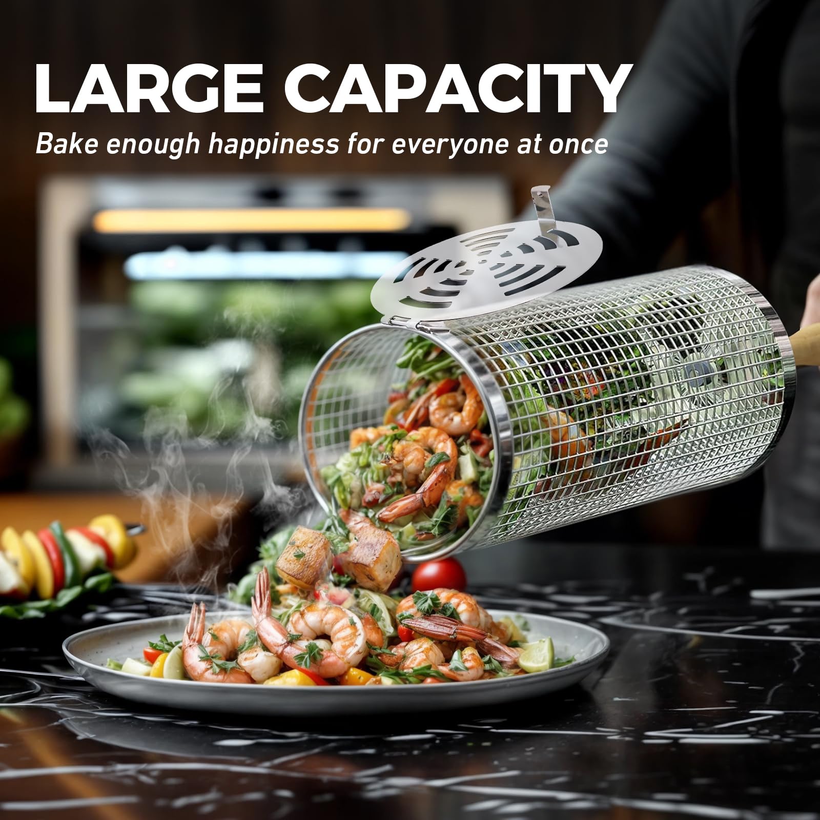 Rolling Grill Basket(2PCS), Removable Wooden Handle, 304 Stainless Steel, Grilling Accessories Tools for Vegetables Meat Food, Outdoor Camping Grilling, Birthday Gifts for Men Husband Men - CookCave