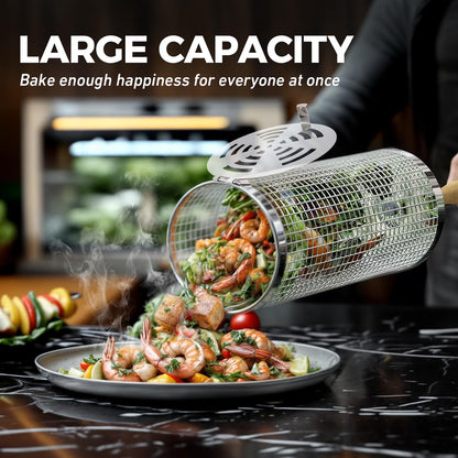 Rolling Grill Basket(2PCS), Removable Wooden Handle, 304 Stainless Steel, Grilling Accessories Tools for Vegetables Meat Food, Outdoor Camping Grilling, Birthday Gifts for Men Husband Men - CookCave