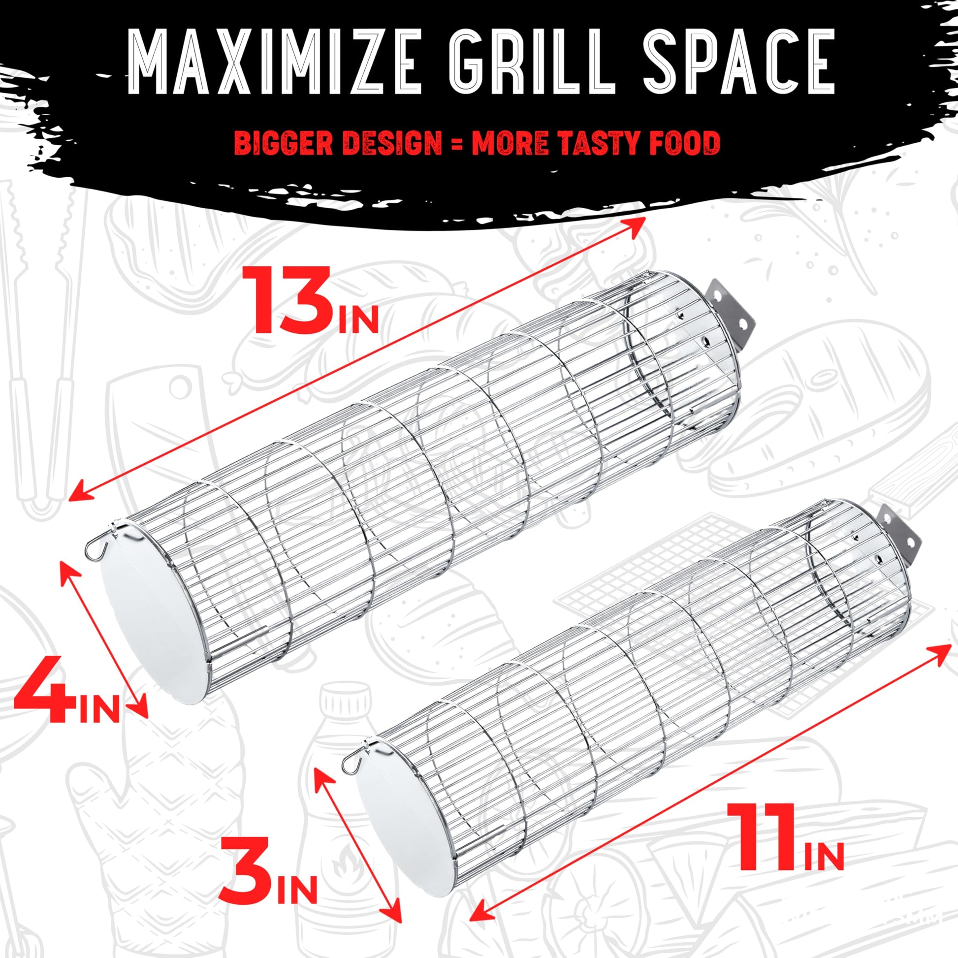 Rolling Grill Basket, New Opening Design, Extra Sturdy Cylinder Grilling Basket, Food Grade Stainless Steel, Large Portable Outdoor Camping accessories BBQ Net Rack, Cooking Griller for Fish, Vegetables, and More - Gifts for Men Dad Husband - Set of 2 - CookCave