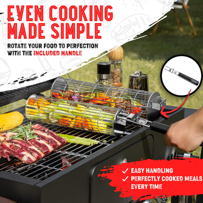 Rolling Grill Basket, New Opening Design, Extra Sturdy Cylinder Grilling Basket, Food Grade Stainless Steel, Large Portable Outdoor Camping accessories BBQ Net Rack, Cooking Griller for Fish, Vegetables, and More - Gifts for Men Dad Husband - Set of 2 - CookCave