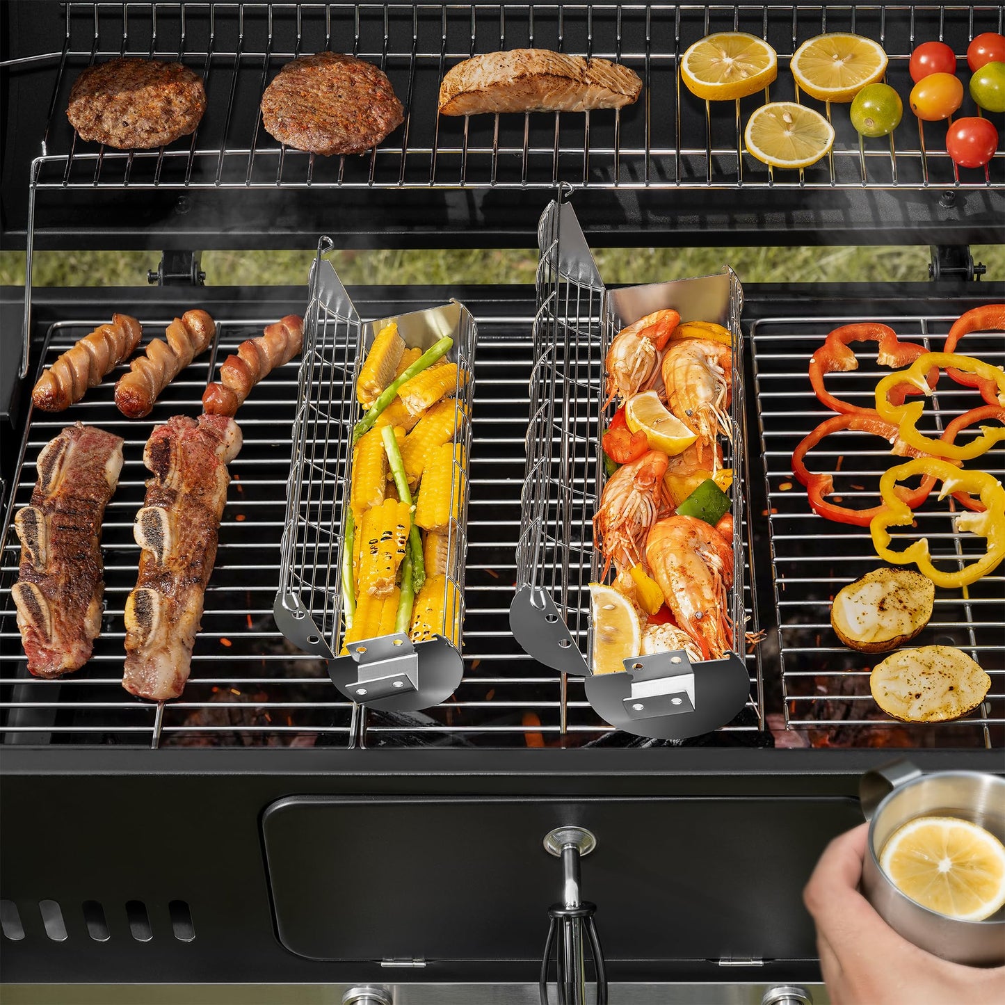 Rolling Grill Basket, New Opening Design, Extra Sturdy Cylinder Grilling Basket, Food Grade Stainless Steel, Large Portable Outdoor Camping accessories BBQ Net Rack, Cooking Griller for Fish, Vegetables, and More - Gifts for Men Dad Husband - Set of 2 - CookCave