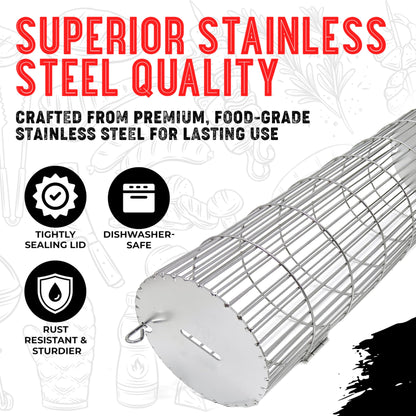 Rolling Grill Basket, New Opening Design, Extra Sturdy Cylinder Grilling Basket, Food Grade Stainless Steel, Large Portable Outdoor Camping accessories BBQ Net Rack, Cooking Griller for Fish, Vegetables, and More - Gifts for Men Dad Husband - Set of 2 - CookCave
