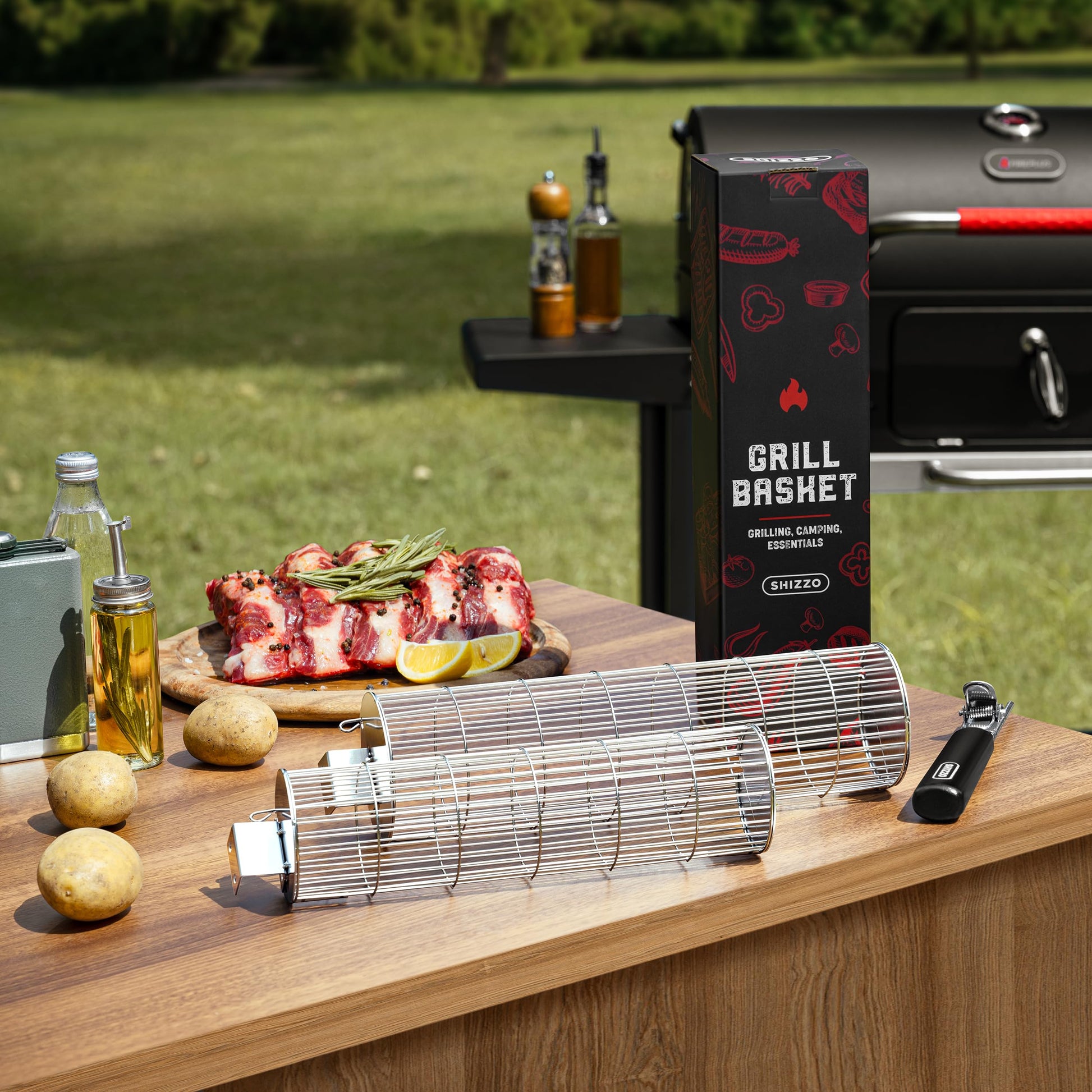 Rolling Grill Basket, New Opening Design, Extra Sturdy Cylinder Grilling Basket, Food Grade Stainless Steel, Large Portable Outdoor Camping accessories BBQ Net Rack, Cooking Griller for Fish, Vegetables, and More - Gifts for Men Dad Husband - Set of 2 - CookCave