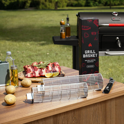 Rolling Grill Basket, New Opening Design, Extra Sturdy Cylinder Grilling Basket, Food Grade Stainless Steel, Large Portable Outdoor Camping accessories BBQ Net Rack, Cooking Griller for Fish, Vegetables, and More - Gifts for Men Dad Husband - Set of 2 - CookCave