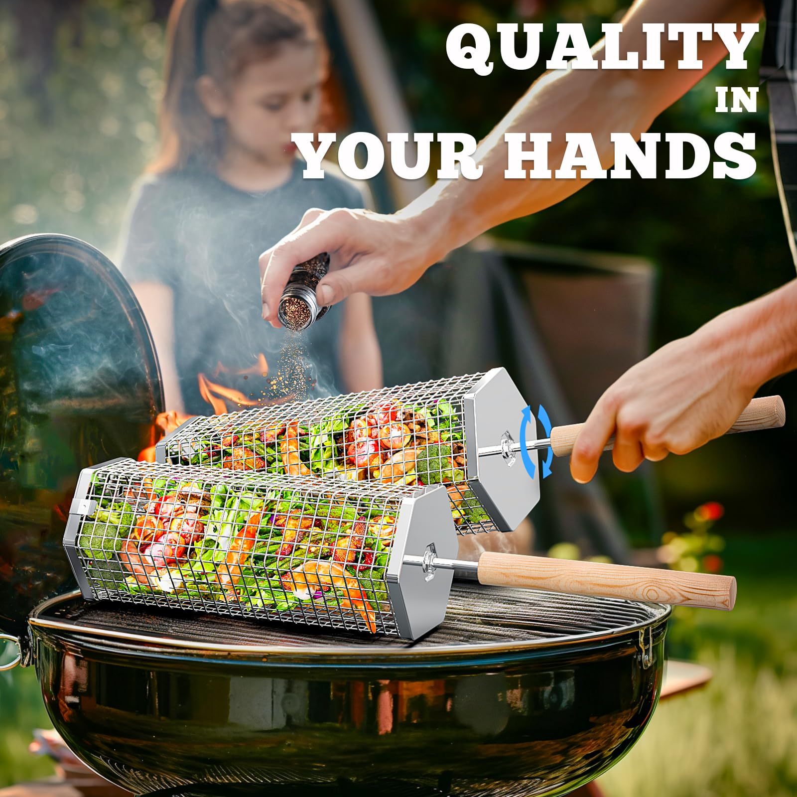 Rolling Grill Baskets(2PCS, Hexagon), Removable Wooden Handle, 304 Stainless Steel, Nesting Grilling Net, BBQ Accessories Tools for Vegetables Shrimp, Outdoor Cooking Camping, Birthday Gifts for Men Dad Husband - CookCave