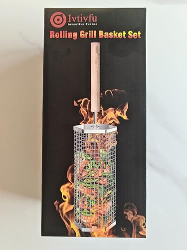 Rolling Grill Baskets(2PCS, Hexagon), Removable Wooden Handle, 304 Stainless Steel, Nesting Grilling Net, BBQ Accessories Tools for Vegetables Shrimp, Outdoor Cooking Camping, Birthday Gifts for Men Dad Husband - CookCave