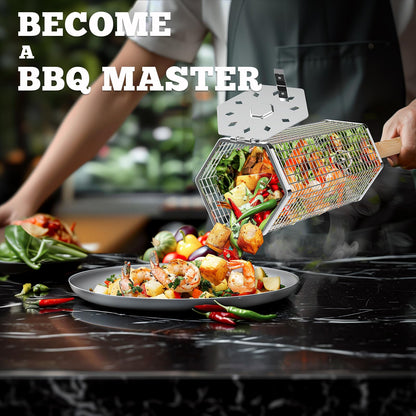 Rolling Grill Baskets(2PCS, Hexagon), Removable Wooden Handle, 304 Stainless Steel, Nesting Grilling Net, BBQ Accessories Tools for Vegetables Shrimp, Outdoor Cooking Camping, Birthday Gifts for Men Dad Husband - CookCave