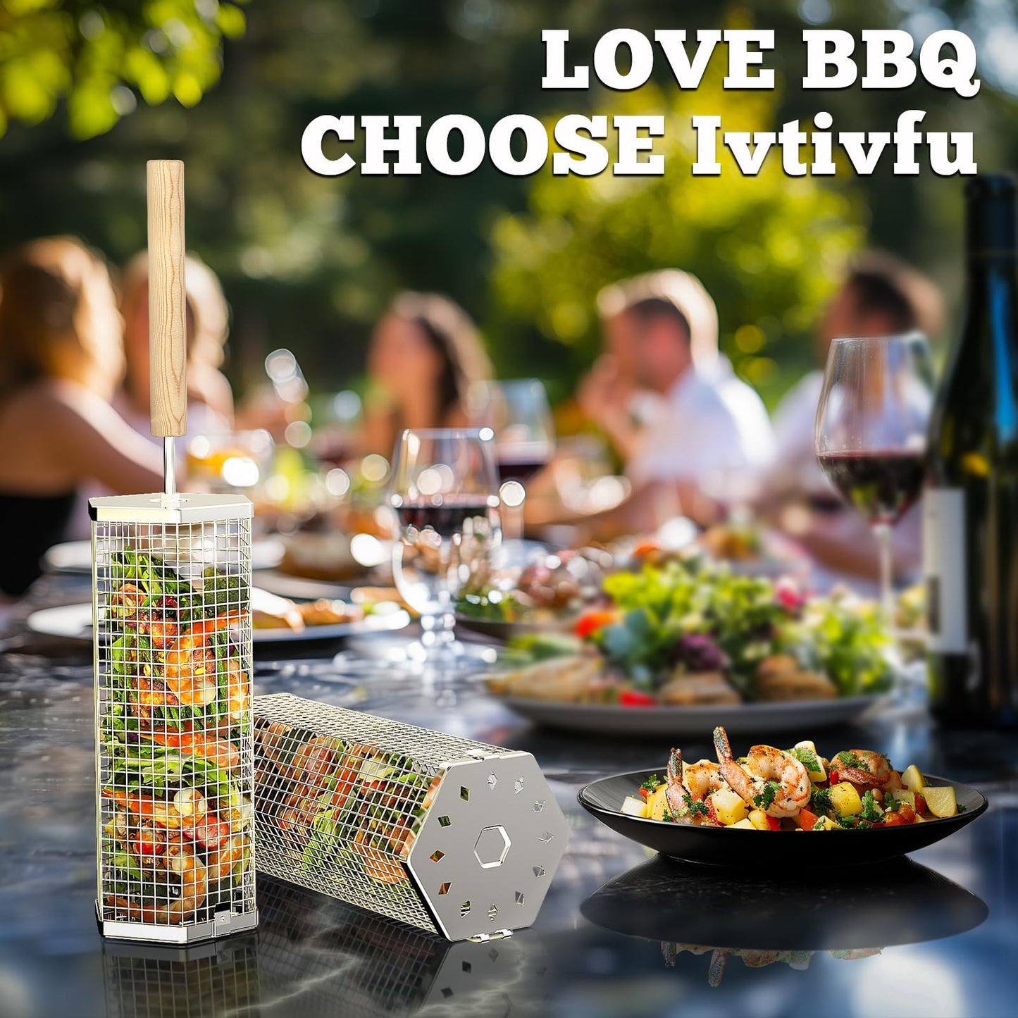 Rolling Grill Baskets(2PCS, Hexagon), Removable Wooden Handle, 304 Stainless Steel, Nesting Grilling Net, BBQ Accessories Tools for Vegetables Shrimp, Outdoor Cooking Camping, Birthday Gifts for Men Dad Husband - CookCave