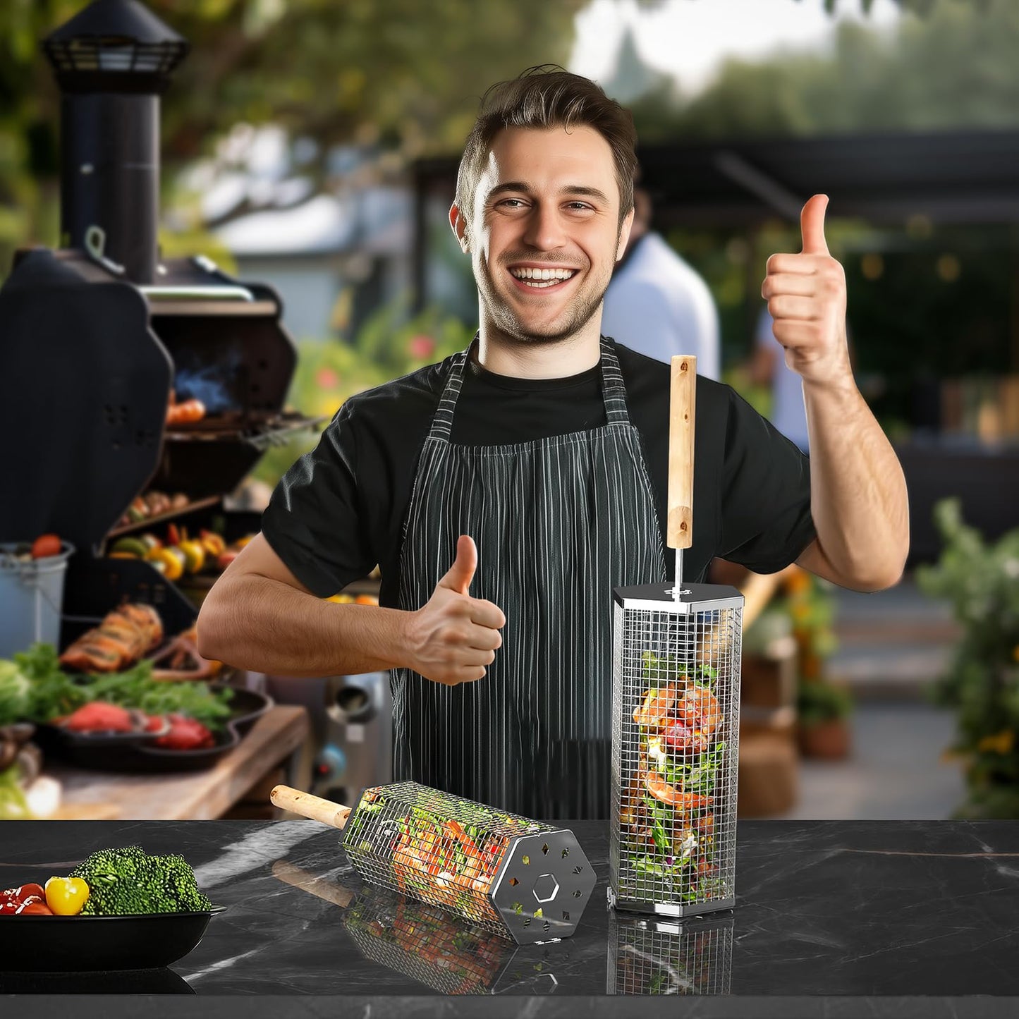 Rolling Grill Baskets(2PCS, Hexagon), Removable Wooden Handle, 304 Stainless Steel, Nesting Grilling Net, BBQ Accessories Tools for Vegetables Shrimp, Outdoor Cooking Camping, Birthday Gifts for Men Dad Husband - CookCave