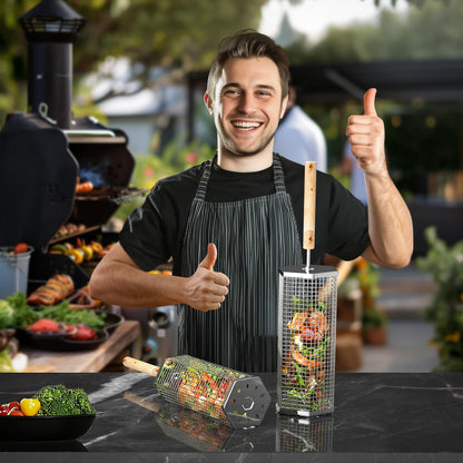 Rolling Grill Baskets(2PCS, Hexagon), Removable Wooden Handle, 304 Stainless Steel, Nesting Grilling Net, BBQ Accessories Tools for Vegetables Shrimp, Outdoor Cooking Camping, Birthday Gifts for Men Dad Husband - CookCave