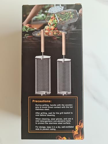 Rolling Grill Baskets(2PCS, Hexagon), Removable Wooden Handle, 304 Stainless Steel, Nesting Grilling Net, BBQ Accessories Tools for Vegetables Shrimp, Outdoor Cooking Camping, Birthday Gifts for Men Dad Husband - CookCave