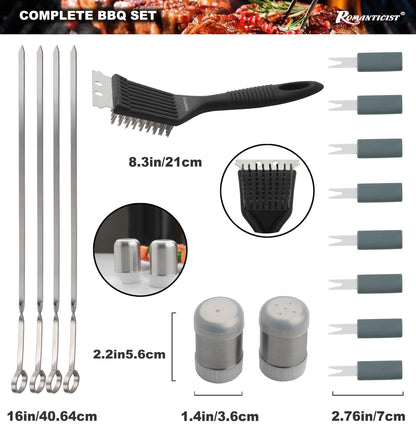 ROMANTICIST 20pc Heavy Duty BBQ Grill Tool Set in Case - The Very Best Grill Gift for Father's Day and Christmas - Professional BBQ Accessories Set for Outdoor Cooking Camping Grilling Smoking, Grey - CookCave