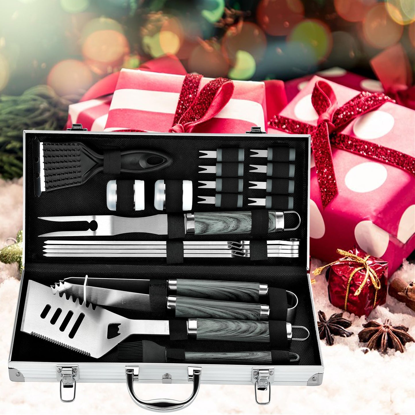 ROMANTICIST 20pc Heavy Duty BBQ Grill Tool Set in Case - The Very Best Grill Gift for Father's Day and Christmas - Professional BBQ Accessories Set for Outdoor Cooking Camping Grilling Smoking, Grey - CookCave