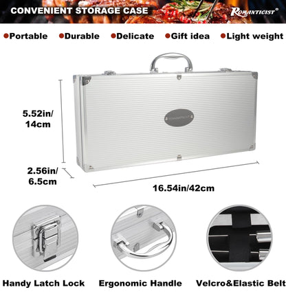 ROMANTICIST 20pc Heavy Duty BBQ Grill Tool Set in Case - The Very Best Grill Gift for Father's Day and Christmas - Professional BBQ Accessories Set for Outdoor Cooking Camping Grilling Smoking, Grey - CookCave