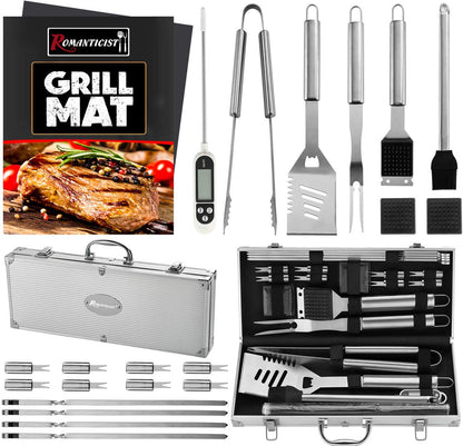 ROMANTICIST 23pc Must-Have BBQ Grill Accessories Set with Thermometer in Case - Stainless Steel Barbecue Tool Set with 2 Grill Mats for Backyard Outdoor Camping - Father's Day Best Barbecue Gift - CookCave
