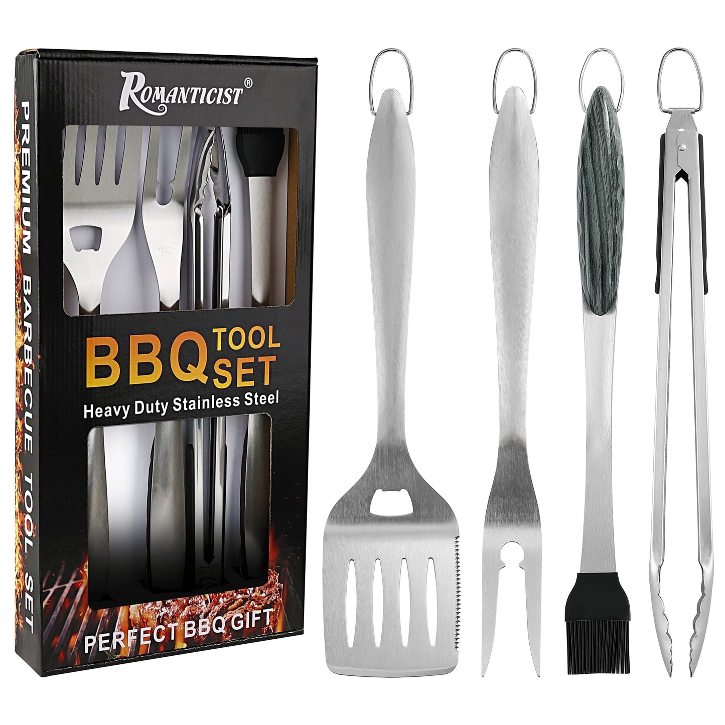 ROMANTICIST 4pc Heavy Duty Grill Accessories for Top Chef - Professional Grill Tools Set & Basic BBQ Tools for Backyard Restaurant Outdoor Kitchen - Deluxe Grill Gift for Dad on Father’s Day Birthday - CookCave