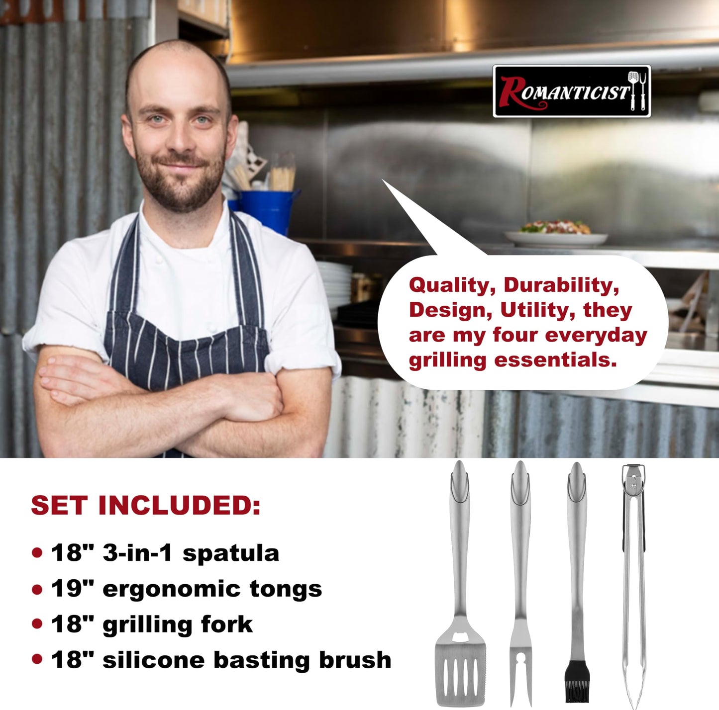 ROMANTICIST 4pc Heavy Duty Grill Accessories for Top Chef - Professional Grill Tools Set & Basic BBQ Tools for Backyard Restaurant Outdoor Kitchen - Deluxe Grill Gift for Dad on Father’s Day Birthday - CookCave