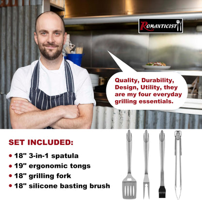 ROMANTICIST 4pc Heavy Duty Grill Accessories for Top Chef - Professional Grill Tools Set & Basic BBQ Tools for Backyard Restaurant Outdoor Kitchen - Deluxe Grill Gift for Dad on Father’s Day Birthday - CookCave