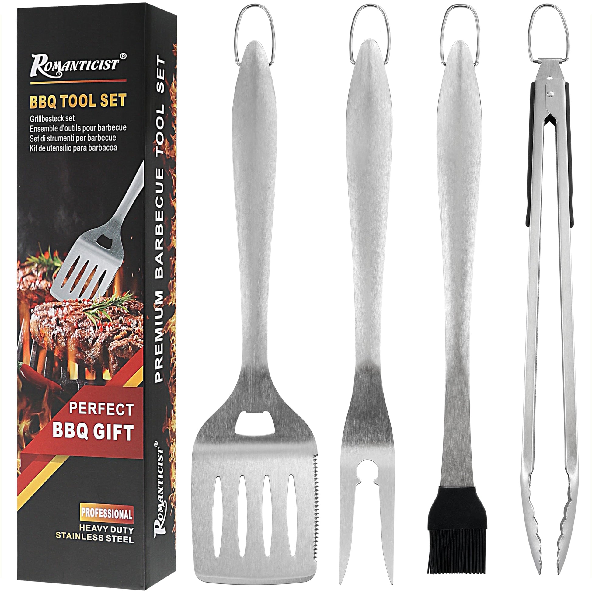 ROMANTICIST 4pc Heavy Duty Grill Accessories for Top Chef - Professional Grill Tools Set & Basic BBQ Tools for Backyard Restaurant Outdoor Kitchen - Deluxe Grill Gift for Dad on Father’s Day Birthday - CookCave