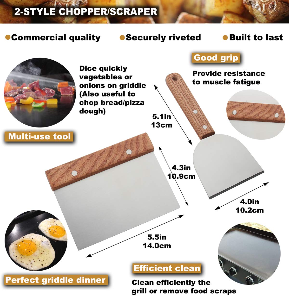 ROMANTICIST 8Pc Professional Griddle Accessories Kit - Heavy Duty Stainless Steel Grill Spatula Set for Grill Griddle Hibachi Flat Top Outdoor Cooking - Great Grill Gift on Birthday Wedding - CookCave