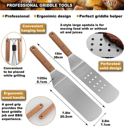 ROMANTICIST 8Pc Professional Griddle Accessories Kit - Heavy Duty Stainless Steel Grill Spatula Set for Grill Griddle Hibachi Flat Top Outdoor Cooking - Great Grill Gift on Birthday Wedding - CookCave